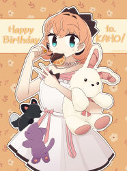 1girl animalization cat cerise_bouquet character_name chocolate chocolate_covered closed_eyes commentary_request cowboy_shot dated dress english_text floral_background food food_in_mouth fox fruit happy_birthday heart highres hinoshita_kaho hinoshita_kaho_(18th_birthday) inward_v kiruzzy korean_commentary link!_like!_love_live! love_live! momose_ginko mouth_hold off-shoulder_dress off_shoulder official_alternate_costume orange_(fruit) orange_background orange_slice otomune_kozue outline purple_cat smile standing stuffed_animal stuffed_rabbit stuffed_toy u_u v virtual_youtuber white_dress white_outline