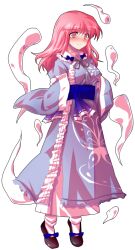 1girl alphes_(style) blue_bow blue_sash blush bow breasts butterfly_print_kimono closed_mouth commentary_request dairi floating frills full-face_blush full_body hitodama japanese_clothes large_variant_set long_hair long_sleeves medium_breasts parody saigyouji_yuyuko sash shoes smile solo standing style_parody tachi-e touhou transparent_background variant_set wide_sleeves wink_hair