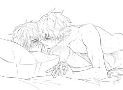 2boys anal blush genshin_impact gils3105 greyscale hugging_object image_sample intertwined_hands monochrome multiple_boys pillow pillow_hug pixiv pixiv_sample tartaglia_(genshin_impact) white_background yaoi zhongli_(genshin_impact)