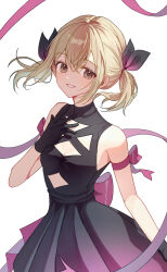 1girl azusawa_kohane bare_shoulders black_dress black_gloves blonde_hair bow breasts brown_eyes cleavage cleavage_cutout clothing_cutout dress gloves hair_between_eyes hair_bow hair_ribbon hand_on_own_chest hand_up highres looking_at_viewer parted_lips pink_bow pink_ribbon pleated_dress project_sekai ribbon simple_background sleeveless sleeveless_dress small_breasts smile solo tissue_(syu_rmfla) twintails white_background