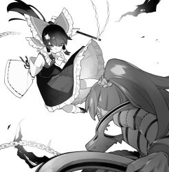 Rule 34 | 2girls, akimaki yuu (style), ascot, bow, ch00suke, chain, closed mouth, commentary request, cuffs, detached sleeves, fighting, foul detective satori, frilled bow, frilled hair tubes, frilled skirt, frills, gohei, greyscale, hair bow, hair ornament, hair tubes, hakurei reimu, handcuffs, holding, holding gohei, holding handcuffs, long hair, long sleeves, miyadeguchi mizuchi, monochrome, multiple girls, oversized object, ponytail, prison clothes, ribbon-trimmed sleeves, ribbon trim, shirt, shoes, skirt, skull hair ornament, socks, striped clothes, striped shirt, touhou