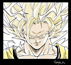 Rule 34 | 1boy, black border, black shirt, blonde hair, border, close-up, dougi, dragon ball, dragonball z, electricity, fenyon, male focus, medium hair, orange shirt, shirt, simple background, smirk, solo, son goku, spiked hair, super saiyan, super saiyan 2, twitter username, white background