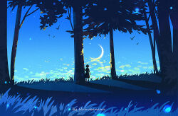 1girl artist_name bird blue_sky cloud crescent_moon dress forest grass huhv. moon nature night original outdoors scenery short_hair sky solo standing star_(sky) tree water