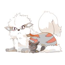 :3 alternate_color arcanine blush_stickers chibi closed_eyes closed_mouth crescent ear_piercing fang fang_out game_freak gen_1_pokemon gen_3_pokemon higuchi_kaede nijisanji nintendo no_humans parted_lips piercing pokemon pokemon_(creature) rebecca_(keinelove) simple_background skitty tsukino_mito virtual_youtuber white_background