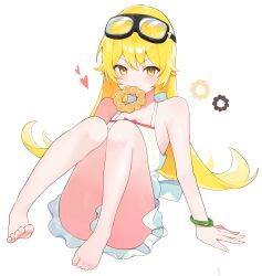 1girl absurdres bare_legs bare_shoulders barefoot blonde_hair bracelet donut dress flat_chest food full_body goggles goggles_on_head hair_flaps heart highres jewelry legs monogatari_(series) mouth_hold oshino_shinobu red_ribbon ribbon sitting sleeveless sleeveless_dress solo sundress taro_(303_taroo) thighs white_background white_dress yellow_eyes