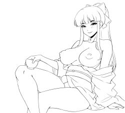 1girl absurdres arm_support breasts choko_(cup) clothes_pull cup hair_ribbon half-closed_eyes highres iggybomb japanese_clothes large_breasts legs long_hair looking_at_viewer monochrome nipples parted_lips ponytail ribbon sakura_taisen seductive_gaze seductive_smile sega shinguuji_sakura sitting sketch smile solo teeth thighs topless_female