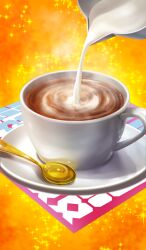 chocolate_lady_no_karasawagi commentary cream cup drink fate/grand_order fate_(series) food_focus hot_chocolate lasengle mug no_humans official_art orange_background pouring saucer sparkle sparkle_background spoon third-party_source