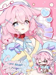 1girl :3 :p animal_ear_fluff animal_ears bandaid bandaid_on_leg bare_shoulders belt_collar blue_bandaid blue_eyes blue_jacket blue_ribbon blush breasts buttons cat_ears cat_girl chibi chibi_inset collar collared_shirt commission crossed_bandaids dated dress_shirt flower_in_eye flower_symbol frilled_jacket frills grid_background hair_between_eyes hair_intakes hair_ornament hair_ribbon hat heart heterochromia highres jacket jacket_partially_removed long_hair long_sleeves looking_at_viewer low_twintails multicolored_jacket neck_ribbon open_clothes open_jacket original orphaneater_io outline pink_background pink_eyes pink_hair purple_ribbon purple_skirt purple_trim red_collar ribbon sailor_hat shirt sidelocks skirt sleeve_ribbon sleeveless sleeveless_shirt sleeves_past_fingers sleeves_past_wrists small_breasts symbol_in_eye tongue tongue_out twintails twitter_username two-tone_jacket very_long_hair white_background white_hat white_outline white_ribbon white_shirt wing_collar x_hair_ornament yellow_bandaid yellow_jacket