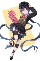 1girl :d absurdly_long_hair absurdres ammunition_pouch arm_up bib_collar black_dress black_helmet black_shoes black_thighhighs blobcat blue_hair bulletproof_vest bullpup collar collared_dress combat_helmet commentary crying_emoji dot_nose double-parted_bangs dress emoji english_commentary eyebrows_hidden_by_hair eyewear_on_head flat_chest floating_hair food frilled_collar frills fruit ghost gift_art goggles goggles_on_headwear grin gun hair_between_eyes hair_ornament half-closed_eyes hand_on_headwear hand_on_own_head hand_up head_tilt helmet highres holding holding_gun holding_weapon idol_corp invisible_floor layered_dress leaning_to_the_side leg_up light_blush long_eyelashes long_hair long_sleeves looking_at_viewer mary_janes milestone_celebration neckerchief open_mouth p90 personal_defense_weapon pleated_dress polka_dot polka_dot_background pouch raised_eyebrows red_eyes red_neckerchief shoes short_hair_with_long_locks sidelocks ski_goggles skindentation sleeves_past_wrists smile smirk smug solo sparkle spiked_hair standing standing_on_one_leg sticker striped_blush striped_clothes striped_thighhighs submachine_gun sunglasses teeth thick_eyelashes thighhighs thighs two-tone_thighhighs vertigris very_long_hair virtual_youtuber watermelon watermelon_slice weapon white_background white_collar white_thighhighs wing_collar yellow_background yuko_yurei zettai_ryouiki