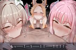Rule 34 | 1boy, 3girls, animal ears, blonde hair, blue archive, blush, brown hair, commentary request, cooperative nipple licking, cum, cum in mouth, ejaculation, erection, fellatio, flower, fox ears, fox girl, group sex, hair flower, hair ornament, hanewo, harem, heart, hetero, licking, looking at viewer, mika (blue archive), multiple girls, nagisa (blue archive), nude, open mouth, oral, penis, pink hair, pov, seia (blue archive), smile, sweat, tea party (blue archive), tongue, tongue out, translation request