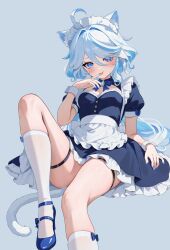 1girl :p absurdres ahoge animal_ear_fluff animal_ears apron black_dress blue_eyes blue_hair blue_nails blue_shoes commentary_request dress fake_animal_ears frilled_dress frills furina_(genshin_impact) genshin_impact hair_between_eyes highres knee_up kneehighs looking_at_viewer maid maid_headdress multicolored_hair rrr_gns_(riuriu_1212) shoes smile socks solo streaked_hair thigh_strap thighs tongue tongue_out waist_apron white_hair white_socks white_wrist_cuffs wrist_cuffs
