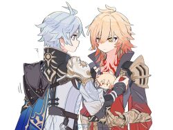 Rule 34 | 2boys, antenna hair, armor, black coat, black gloves, black shirt, blonde hair, blue cape, blue eyes, braid, cape, character doll, chest tattoo, clawed gauntlets, coat, commentary request, doll, earrings, facial tattoo, fingerless gloves, gloves, gold earrings, gomenne oyu, gradient hair, hair between eyes, highres, honkai: star rail, honkai (series), jewelry, looking at another, male focus, medium hair, multicolored hair, multiple boys, mydei (honkai: star rail), open clothes, open coat, pauldrons, phainon (honkai: star rail), red hair, red tattoo, shirt, short hair, shoulder armor, side braid, simple background, single glove, single pauldron, tattoo, twitter username, white background, white coat, white hair, yellow eyes