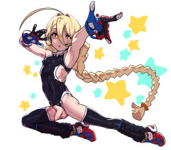 1boy ahoge blonde_hair braid censored covered_erect_nipples covered_navel fang gen&#039;en_(sioherashi) gloves leotard long_hair male_focus mosaic_censoring orange_hair original penis ribs single_braid skin_fang small_penis sweatdrop thighhighs trap variant_set very_long_hair white_background