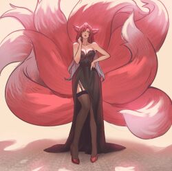 1girl absurdres animal_ears breasts chaosringen cleavage cocktail_dress dress evening_gown facial_mark fox_ears fox_girl fox_tail full_body garter_straps high_heels highres kitsune kyuubi large_breasts large_tail long_hair looking_at_viewer multiple_tails original parted_lips red_hair side_slit sidelocks solo standing tail thighhighs whisker_markings yellow_eyes