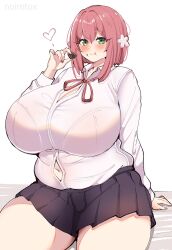 1girl alternate_breast_size blush breasts button_gap candy chewing chocolate chocolate_heart cleavage eating female_focus flower food food_on_face gigantic_breasts green_eyes hair_flower hair_ornament hanazono_hakari heart highres kimi_no_koto_ga_dai_dai_dai_dai_daisuki_na_100-nin_no_kanojo medium_hair navel navel_peek necktie noiretox pink_hair pink_nails plump school_uniform shirt sitting skirt smile solo thick_thighs thighs white_background white_shirt