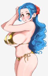 1girl absurdres bikini blue_hair blush breasts brown_hair covered_erect_nipples cowboy_shot earrings from_side gold_bikini golden_week golden_week_bikini highres jewelry joy_boy_(jerrydurd) large_breasts long_hair looking_at_viewer nefertari_vivi one_piece side-tie_bikini_bottom simple_background solo swimsuit white_background