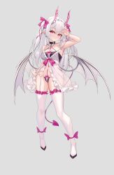 1girl absurdres arm_up armpits babydoll bare_shoulders black_bra black_choker black_panties bow bra breasts choker demon_girl demon_horns demon_tail full_body grey_background hair_bow hair_ornament highres horns medium_breasts nail_polish navel o-ring o-ring_choker original panties pantyhose pink_bow pink_nails pointy_ears red_eyes revealing_clothes simple_background small_breasts tail thighhighs twintails underwear white_hair white_pantyhose white_thighhighs zhongwu_chahui