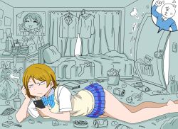 1girl 1other anger_vein bag_of_chips banana_peel bare_legs bed blanket blue_ribbon blue_shirt blue_skirt bone book bored bottle brown_hair brown_vest can cellphone chopsticks cigarette curtains double_v drink_can earrings highres holding holding_cigarette holding_phone indoors jewelry knocking koizumi_hanayo kyousaru long_sleeves looking_at_phone love_live! love_live!_school_idol_project messy_room neck_ribbon on_floor open_mouth otonokizaka_school_uniform pants partially_colored phone pillow ribbon school_uniform shirt short_hair skirt smartphone smile smoke socks stud_earrings translation_request trash trash_bag v vest white_shirt