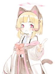 1girl animal_ear_headphones animal_ears blonde_hair blue_archive blue_necktie bow bowtie cat_ear_headphones cat_tail collared_shirt fake_animal_ears hair_bow halo headphones hood hooded_jacket index_finger_raised jacket looking_at_viewer low_twintails momoi_(blue_archive) necktie off_shoulder open_mouth pink_eyes pink_halo red_bow red_bowtie shinbashi_seiji shirt short_hair simple_background sketch solo tail twintails white_background white_jacket white_shirt