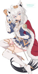 1girl ahoge animal_ear_fluff animal_ear_piercing animal_ears aqua_eyes artist_name blue_jacket boots braid bun_with_braided_base closed_mouth commentary_request crossed_bangs crown epaulettes extra_ears fox_ears fox_girl fox_tail full_body fur_trim gloves gold_crown hair_between_eyes head_tilt high_heel_boots high_heels highres holding holding_sword holding_weapon hololive jacket long_sleeves looking_at_viewer medium_hair mini_crown miniskirt official_alternate_costume official_alternate_hairstyle pentagram pleated_skirt saber_(weapon) shirakami_fubuki shirakami_fubuki_(fbkingdom) shirt side_braid side_cape simple_background single_braid sitting skirt smile solo sword tail thigh_boots twitter_username vinhnyu virtual_youtuber weapon white_background white_boots white_gloves white_hair white_shirt white_skirt