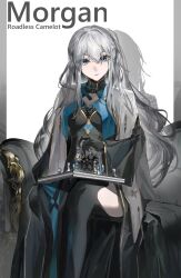 1girl absurdres alternate_costume black_dress black_gloves breasts character_name chess_piece chessboard dress facing_viewer fate/grand_order fate_(series) feet_out_of_frame feijiu gloves grey_hair highres holding holding_chess_piece long_hair long_sleeves medium_breasts morgan_le_fay_(fate) shadow sitting solo