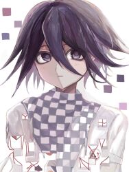 Rule 34 | 1boy, arm belt, blush, checkered clothes, checkered scarf, danganronpa (series), danganronpa v3: killing harmony, flipped hair, hair between eyes, light blush, long sleeves, looking at viewer, male focus, mask, medium hair, oma kokichi, portrait, purple eyes, purple hair, purple theme, ringed eyes, scarf, simple background, solo, surreal, thread, two-tone scarf, w7324960824577