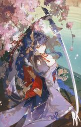 1girl arm_up artist_request back back_bow back_tattoo blue_pupils blunt_bangs bow braid branch breasts bridal_gauntlets cherry_blossoms chinese_commentary cleavage closed_mouth clothing_cutout commission eyeliner fan_hair_ornament flower flower_ornament from_above from_side genshin_impact hair_flower hair_ornament highres holding holding_sword holding_weapon japanese_clothes katana kimono large_breasts long_braid long_hair long_sleeves looking_at_object looking_down looking_to_the_side low-braided_long_hair low-tied_long_hair makeup mitsudomoe_(shape) mole mole_under_eye multicolored_eyes multicolored_hair musou_isshin_(genshin_impact) off_shoulder outdoors purple_eyes purple_flower purple_hair purple_kimono raiden_shogun red_eyeliner red_sash ripples sash second-party_source shade shoulder_cutout single_braid solo standing streaked_hair sword tattoo thighhighs tomoe_(symbol) tree tree_shade water weapon wide_sleeves