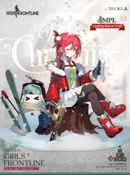 &gt;_&lt; 1girl ahoge barcode barcode_tattoo black_gloves bodystocking boots broken_goggles character_name checkered_floor christmas christmas_tree closed_mouth commentary company_name copyright_name crossed_legs dress drone english_commentary english_text frosted_glass full_body fur-trimmed_jacket fur_trim girls&#039;_frontline gloves goggles green-tinted_eyewear green_eyes green_necktie hair_ornament heart highres holding holding_notepad holly id_card jacket kinoshita_neko long_hair looking_at_viewer merry_christmas mpl_(girls&#039;_frontline) mpl_(leaping_red_on_frost)_(girls&#039;_frontline) necktie notepad off_shoulder official_alternate_costume official_art one_eye_closed planted pom_pom_(clothes) promotional_art red_boots red_hair red_jacket red_nose scarf second-party_source shoulder_tattoo sitting on_tree_stump ski_boots ski_pole skis snowflakes snowman solo star_(symbol) star_hair_ornament tattoo tinted_eyewear torn_bodystocking torn_clothes torn_dress torn_jacket torn_necktie tree_stump unworn_headwear white_background white_dress yellow_scarf
