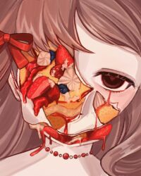 1girl black_eyes blueberry body_horror bow broken_skin brown_hair cake everything_is_cake_(meme) food fruit hair_bow highres hole_in_face jewelry meme mercure_1104 necklace original portrait red_bow solo strawberry strawberry_syrup whipped_cream