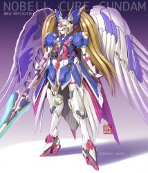 artist_name blonde_hair character_name full_body fusion g_gundam glowing glowing_eyes green_eyes gundam gundam_wing gundam_wing:_endless_waltz highres holding holding_weapon looking_ahead maeda_hiroyuki mecha mechanical_hair nobel_gundam open_hand precure ranguage redesign robot shadow twintails weapon wing_gundam_zero_custom