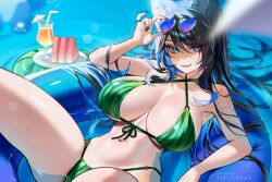 1girl bikini blue_eyes blue_hair blush breasts cleavage commentary english_commentary eyewear_on_head food front-tie_bikini_top front-tie_top fruit green_bikini heart heart-shaped_eyewear innertube large_breasts long_hair looking_at_viewer original parted_lips ponytail reiko_(tofuubear) smile solo sunglasses swim_ring swimsuit thighs tofuubear water watermelon watermelon_slice