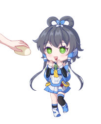 Rule 34 | 1girl, asymmetrical legwear, bare shoulders, black socks, black thighhighs, blue shoes, chibi, chinese commentary, detached sleeves, food, full body, green eyes, grey hair, hair ornament, hair rings, happy, highres, long hair, looking at food, luo tianyi, luo tianyi v3, pleated skirt, pointzhu, shoes, short hair with long locks, simple background, skirt, socks, solo, standing, steamed bun, thighhighs, twintails, uneven legwear, vocaloid, vsinger (vocaloid), white background, white shoes