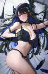 1girl absurdres asymmetrical_horns bad_source bare_shoulders black_gloves black_hair blue_bra blue_hair blush bra breasts cleavage colored_inner_hair crystal_horns demon_horns feathers flower flower_knot from_above gloves hair_ornament hair_spread_out head_on_pillow highres hololive hololive_english horn_flower horns large_breasts lingerie looking_at_viewer lying mole mole_under_eye multicolored_hair navel nerissa_ravencroft on_side panties parted_lips pillow red_eyes slit_pupils solo sooon stomach string_panties tassel tassel_hair_ornament thighs twisted_torso two-tone_hair underwear underwear_only uneven_horns virtual_youtuber