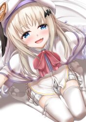 Rule 34 | 1girl, bat hair ornament, beret, blonde hair, blue eyes, bow, bowtie, cape, fang, hair ornament, hat, little busters!, long hair, looking at viewer, no shoes, noumi kudryavka, open mouth, pink bow, pink bowtie, plaid clothes, plaid skirt, shirt, sidelocks, sitting, skin fang, skirt, smile, soles, solo, thighhighs, tongue, totororo, wariza, white cape, white hat, white shirt, white skirt, white thighhighs, zettai ryouiki