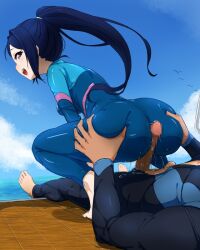 Rule 34 | 1boy, 1girl, ass, barefoot, blue bodysuit, blue hair, blue sky, bodysuit, buttjob, buttjob over clothes, censored, cloud, diving suit, grabbing another&#039;s ass, groping, haizuru, hetero, long hair, looking at viewer, looking back, love live!, love live! sunshine!!, matsuura kanan, mosaic censoring, ocean, open mouth, outdoors, penis, ponytail, purple eyes, sidelocks, skin tight, sky, solo focus, teeth, tongue, upper teeth only, wetsuit