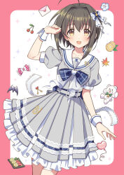 1girl ahoge balloon bat_(animal) belt blush border bow bowtie brown_eyes brown_hair cherry commentary_request dress envelope flower food frilled_dress frills fruit hair_bow hair_intakes hand_up heart_balloon hibiki_tohru highres idolmaster idolmaster_cinderella_girls kohinata_miho leaf lemon lemon_slice looking_at_viewer maple_leaf open_mouth pink_border pleated_dress sailor_collar sailor_dress short_hair short_sleeves smile solo stuffed_animal stuffed_toy teddy_bear wrist_cuffs