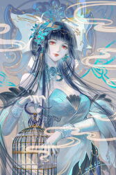 1girl absurdres birdcage blue_dress breasts butterfly_hair_ornament cage colored_skin dress hair_ornament highres ichihara_yuuko long_hair mature_female medium_breasts red_eyes smile smoke smoke_trail white_skin xxxholic yukmomo