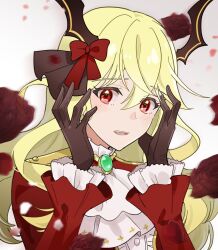 1girl ascot black_gloves blonde_hair blush bow center_frills chinese_commentary commentary_request falling_petals fangs flower frilled_shirt frills gloves green_brooch grey_background hair_between_eyes hair_bow hair_ornament hands_up jacket long_hair long_sleeves looking_at_viewer official_alternate_costume open_clothes open_jacket parted_lips petals red_bow red_eyes red_flower red_jacket red_rose rose rowan_(kanonsecret) shirt shoujo_kageki_revue_starlight shoujo_kageki_revue_starlight_-re_live- simple_background solo teeth upper_body upper_teeth_only white_ascot white_shirt wide_sleeves wing_hair_ornament yumeoji_shiori