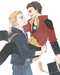 2boys animification arc_reactor avengers_(series) avengers_academy black_hair black_jacket black_pants black_shirt blonde_hair blue_eyes blue_pants blue_sweater_vest blush brown_eyes carrying carrying_person chinese_commentary collared_shirt commentary_request cowboy_shot denim feet_out_of_frame fingernails highres holding jacket lapels long_sleeves looking_at_another male_focus marvel multiple_boys open_clothes open_jacket open_mouth pants pocket red_jacket shirt short_hair simple_background smile standing steve_rogers sweater_vest t-shirt tassel tony_stark white_background white_shirt yaoi yizilu699