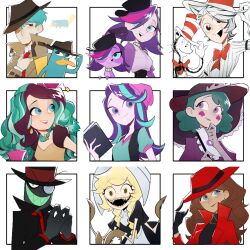 Rule 34 | 3boys, 6+girls, :d, adjusting clothes, adjusting headwear, adjusting necktie, apron, aqua hair, aqua shirt, beanie, big hair, black eyes, black gloves, black hair, black hat, black jacket, black mouth, black shirt, blonde hair, blue eyes, blue hair, book, bow, bowtie, braid, breasts, brown coat, brown hair, brown hat, buttons, calx, character request, cheek tattoo, closed mouth, coat, collared coat, collared shirt, colored teeth, commentary, copyright request, cropped jacket, cup, earrings, ever after high, extra arms, eyeshadow, fewer digits, flipped hair, frilled umbrella, frills, from below, gloves, green hair, green teeth, grey gloves, grin, hair behind ear, hair over one eye, hand on own chin, hat, hat tip, highres, holding, holding book, holding umbrella, jacket, jewelry, littlest pet shop, long sleeves, maddy hatter, makeup, medium hair, monocle, multicolored hair, multiple boys, multiple girls, my little pony, my little pony: equestria girls, my little pony: friendship is magic, necktie, one eye covered, open clothes, open coat, open jacket, open mouth, perry the platypus, personification, phineas and ferb, pink eyeshadow, pink hair, pink hat, pink lips, pink trim, puffy short sleeves, puffy sleeves, purple eyes, purple hair, purple jacket, purple shirt, red bow, red bowtie, red hat, red jacket, red necktie, red trim, sharp teeth, shirt, shirt tucked in, short hair, short sleeves, simple background, sleeveless, sleeveless jacket, small breasts, smile, spade (shape), spade tattoo, starlight glimmer, starlight glimmer (equestria girls), steepled fingers, streaked hair, striped clothes, striped shirt, tattoo, teacup, teeth, the cat in the hat, the cat in the hat (character), toon (style), top hat, twin braids, two-tone hair, umbrella, upper body, upper teeth only, v-neck, v-shaped eyebrows, vertical-striped clothes, vertical-striped shirt, waist apron, wavy hair, white apron, white background, white gloves, white hair, white hat, yellow eyes, zoe trent