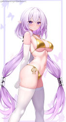 1girl bikini castorice_(honkai:_star_rail) commentary elbow_gloves english_commentary from_side gabriel_evangel gloves gold_bikini highres honkai:_star_rail honkai_(series) long_hair looking_at_viewer navel paid_reward_available patreon_username pointy_ears purple_eyes purple_hair simple_background smile solo stomach swimsuit thighhighs thighs white_background white_gloves white_thighhighs