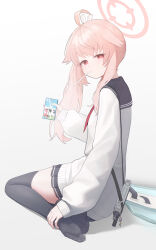 1girl absurdres black_thighhighs blonde_hair blue_archive drinking_straw feet highres kabanoki long_hair looking_at_viewer natsu_(blue_archive) red_eyes see-through_clothes see-through_legwear soles thighhighs toes