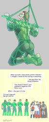 1boy absurdres artist_name ass back bara barry_allen batman black_bodysuit bodysuit bound bound_ankles bound_arms bound_leg bound_wrists brown_hair bruce_wayne clark_kent dc_comics diana_prince domino_mask english_text evinist gag gagged gloves green_bodysuit green_lantern green_lantern_(series) guy_gardner hal_jordan highres john_stewart kneeling kyle_rayner male_focus mask muscular muscular_male restrained short_hair speech_bubble superhero_costume superman the_flash two-tone_bodysuit white_gloves wonder_woman