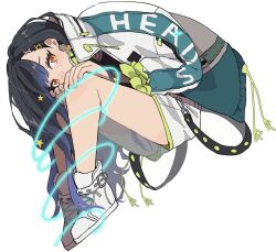 1girl black_hair cos_373 covered_mouth full_body hands_on_own_knees high_collar high_tops highres jacket knees_up long_hair looking_at_viewer looking_to_the_side orange_eyes project_sekai shiraishi_an shoes shorts simple_background sneakers string wavy_hair white_background white_footwear white_jacket white_shorts
