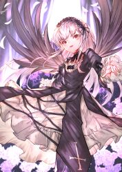 1girl absurdres black_dress black_wings dress feathered_wings goth_fashion gothic_lolita hairband highres lolita_fashion long_hair looking_at_viewer majinno pointing pointing_at_viewer red_eyes rozen_maiden solo suigintou white_hair wings