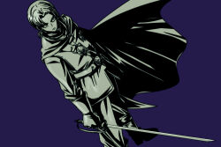1boy belt belt_buckle boots buckle cape commentary_request dragon_quest dragon_quest_x floating_cape from_above gloves greyscale_with_colored_background holding holding_sword holding_weapon looking_to_the_side low_ponytail male_focus ozogori_(user_tzaz2447) pants parted_hair ponytail prince purple_background solo sword touma_(dq10) tunic weapon