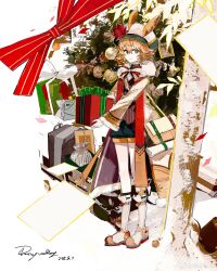 absurdres arknights artist_name bag black_shorts blonde_hair boots bow bowtie brown_eyes brown_vest buqiyong christmas christmas_ornaments christmas_present christmas_tree dated ears_through_headwear gift hat highres jacket knee_boots leonhardt_(arknights) leonhardt_(hope_cruise)_(arknights) looking_at_viewer open_clothes open_jacket rabbit_boy satchel short_hair shorts smile standing vest white_boots