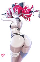 1girl absurdres alternate_costume artist_name ass bandaged_leg bandages bikini black_bikini black_bow blush bow breasts charm_(object) closed_mouth colored_skin commentary diamond-shaped_pupils diamond_(shape) double_bun english_commentary frilled_bow frills from_behind green_eyes grey_skin hair_bow hair_bun heterochromia highres hololive hololive_indonesia kureiji_ollie looking_back mismatched_pupils multicolored_eyes multicolored_hair multicolored_skin okatosen patchwork_skin red_eyes red_hair small_breasts solo stitched_face stitched_leg stitched_torso stitches swimsuit sword symbol-shaped_pupils v virtual_youtuber weapon white_hair x-shaped_pupils yellow_eyes zombie