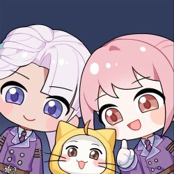 Rule 34 | 2girls, :3, :d, ahoge, animal, arm belt, artist request, asymmetrical hair, belt, belt buckle, blue background, blue eyes, blue necktie, blue sleeve cuffs, blunt bangs, blush stickers, brown belt, brown eyes, buckle, buttons, cat, chibi, closed mouth, clothed animal, coat, collared coat, collared shirt, double-breasted, ear covers, eyes visible through hair, finger to cheek, gloves, guard&#039;s resolve (infinity nikki), happy, highres, hiya (infinity nikki), hood, hood up, infinity nikki, lapels, long sleeves, looking at viewer, momo (nikki), multiple belts, multiple girls, necktie, nikki (nikki), nikki (series), notched lapels, official art, open mouth, pale skin, pink hair, purple coat, red necktie, shirt, short hair, simple background, smile, striped necktie, tareme, two-sided coat, two-sided fabric, two-tone necktie, updo, upper body, whiskers, white cat, white gloves, white hair, white shirt, yellow hood