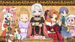 2boys 5girls :3 :d =_= alternate_color animal_ears biolo_(ragnarok_online) black_bow black_bowtie black_dress black_gloves black_vest blue_eyes blue_hair blue_necktie blunt_bangs bow bowtie breasts brown_coat brown_hair cake cake_slice cat_boy chocolat_basinio chocolate cleavage closed_eyes closed_mouth coat collared_shirt copyright_notice cotnes cowboy_shot cup cupcake dien_(ragnarok_online) dress fake_animal_ears food food-themed_hair_ornament fox fur_coat furry furry_male gem gloves green_eyes grey_eyes grey_hair hair_bun hair_ornament high_collar highres holding holding_cup holding_saucer inquisitor_(ragnarok_online) jewelry logo long_hair long_sleeves looking_at_viewer macaron_hair_ornament mature_female medium_breasts mont_blanc_(food) multiple_boys multiple_girls necklace necktie official_art official_wallpaper old old_woman open_clothes open_coat open_mouth orange_hair parfait pearl_hair_ornament pearl_necklace pink_bow pink_hair poring purple_dress purple_eyes purple_gemstone rabbit_ears ragnarok_online red_dress red_lips ridsh saucer shirt short_hair single_hair_bun smile spirit_handler_(ragnarok_online) teacup truffle vest white_coat white_shirt yuichirou